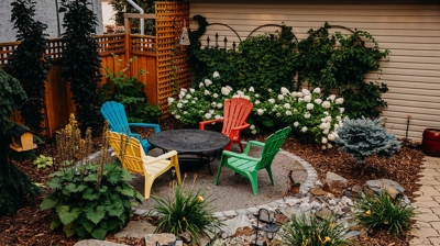 Colorful patio set in a landscaped garden. Photo